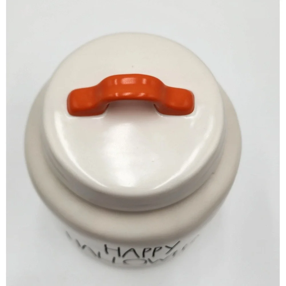 Rae‎ Dunn Happy Halloween Canister Jar with Orange Handle Lid Ceramic NOS
